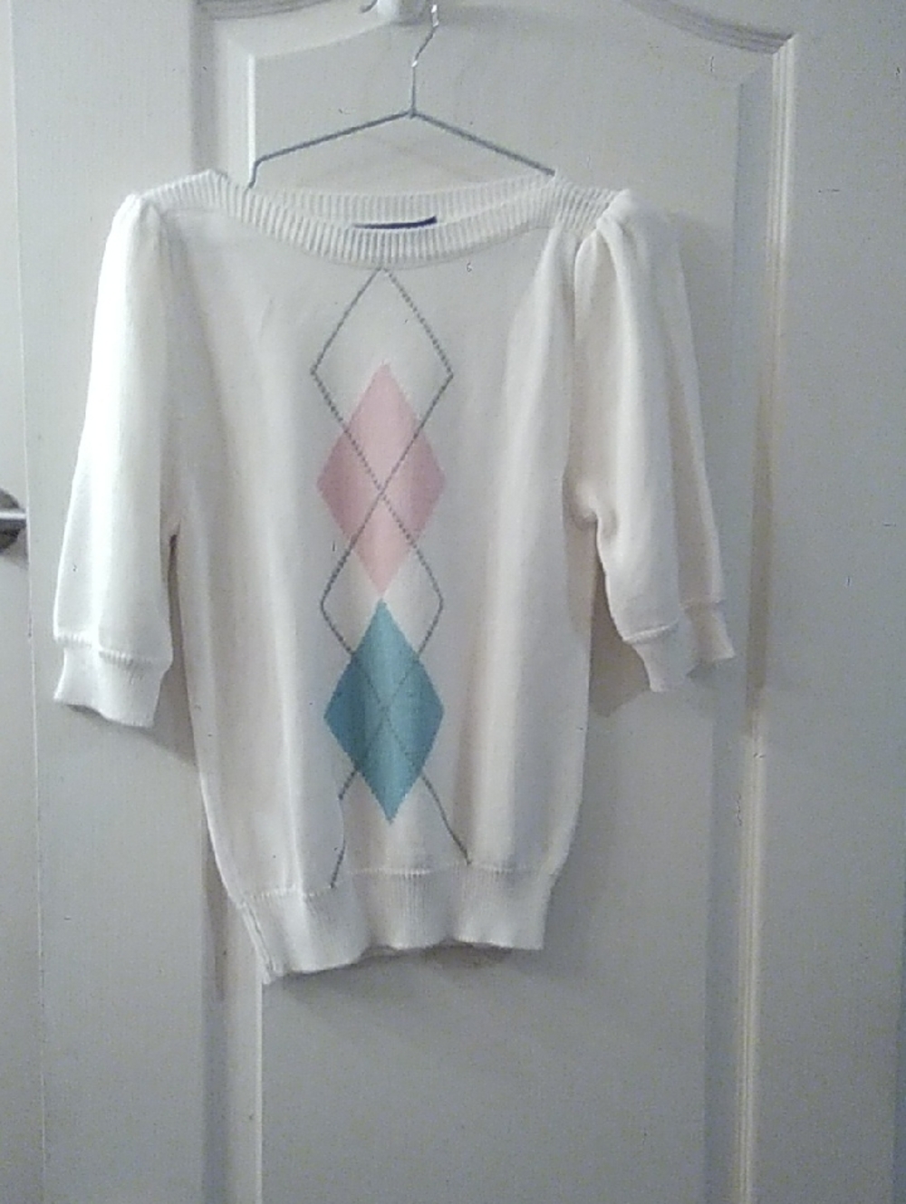 White Argyle Knit Sweater with Pink and Teal Diamonds